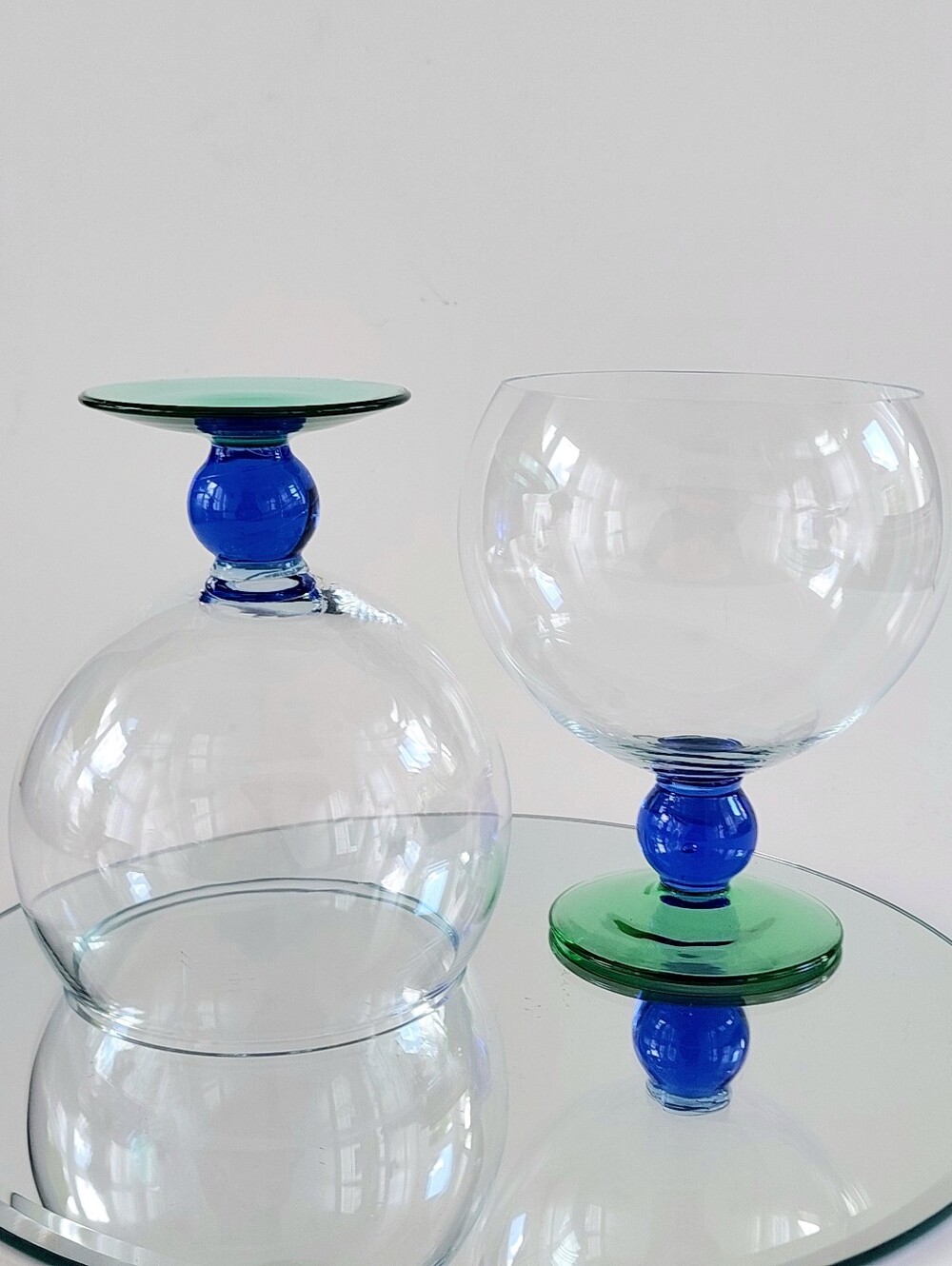 Vintage Postmodern Blue Ball Stem Emerald Green Base Brandy Glasses - Set of 2